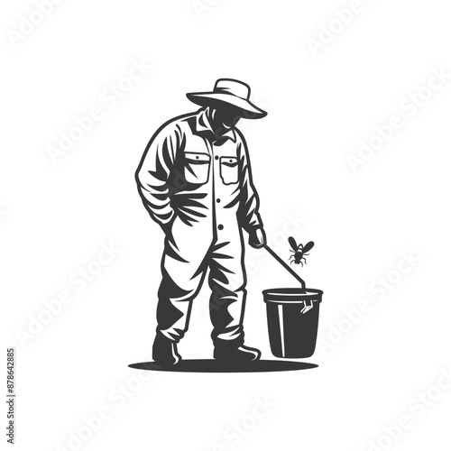 Vintage Style Pest Control Worker with Bucket and Fly Swatter Illustration