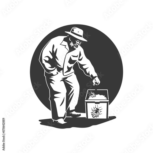 Vintage Beekeeper Inspecting Hive, Monochrome Illustration