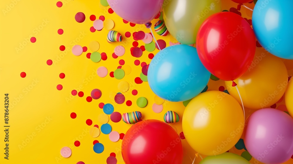 A bunch of colorful balloons are floating in the air above a yellow background. The balloons are scattered around the background, with some of them being closer to the foreground A bunch of colorful balloons are floating in the air above a yellow background. The balloons are scattered around the background, with some of them being closer to the foreground