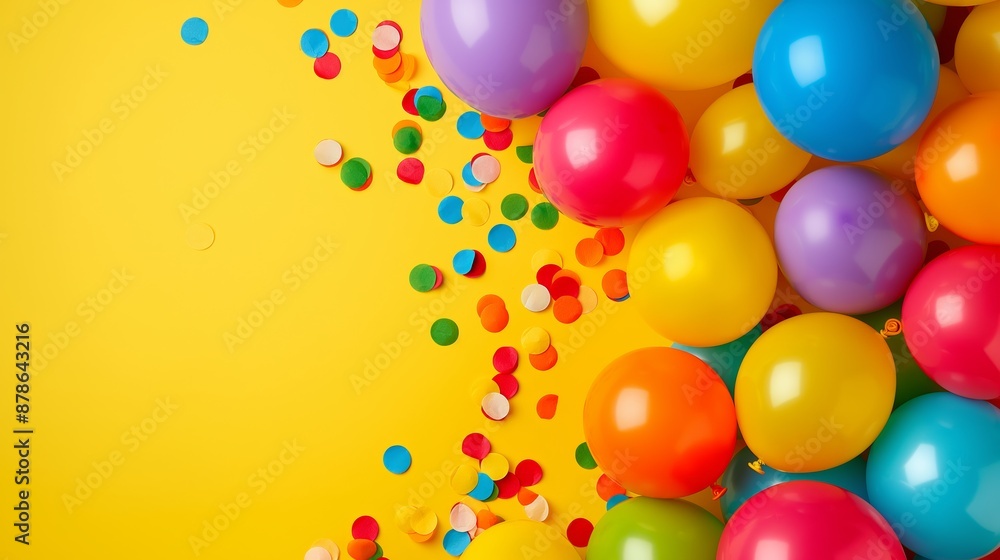 A yellow background with a bunch of colorful balloons and confetti. The balloons are of different colors and sizes, and the confetti is scattered around them. Scene is festive and celebratory A yellow background with a bunch of colorful balloons and confetti. The balloons are of different colors and sizes, and the confetti is scattered around them. Scene is festive and celebratory