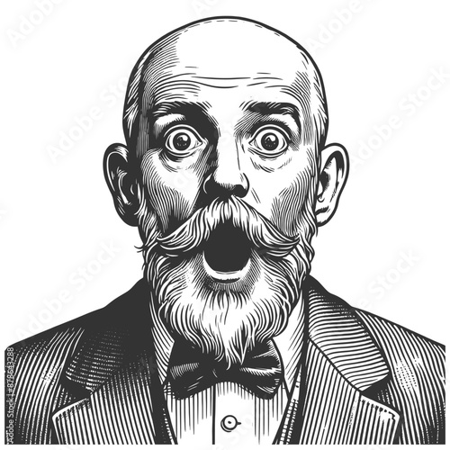 surprised elderly man with a mustache and bow tie, astonished expression sketch engraving generative ai fictional character vector illustration. Scratch board imitation. Black and white image.