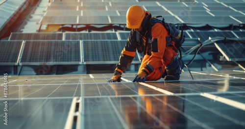 Worker Inspecting Solar Panels on a Rooftop