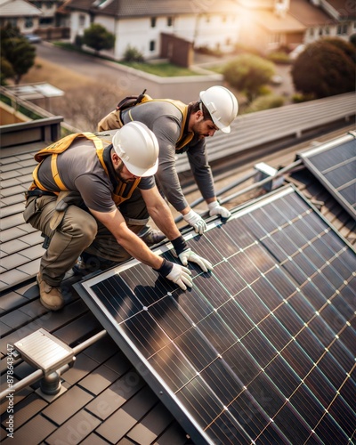 Two men are working on a solar panel