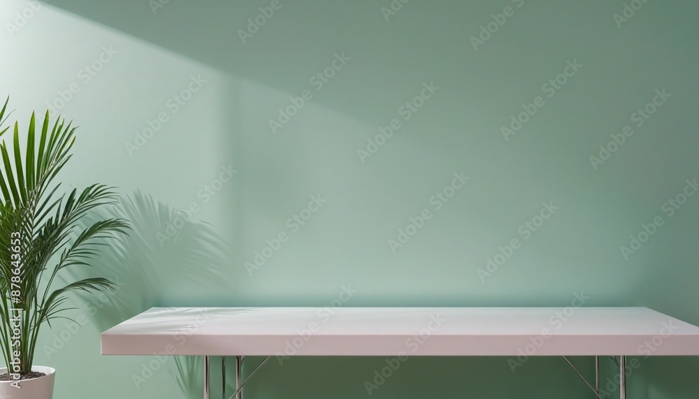 Fototapeta premium Minimalist beige display with white platform and shadow of palm leaves for product presentation