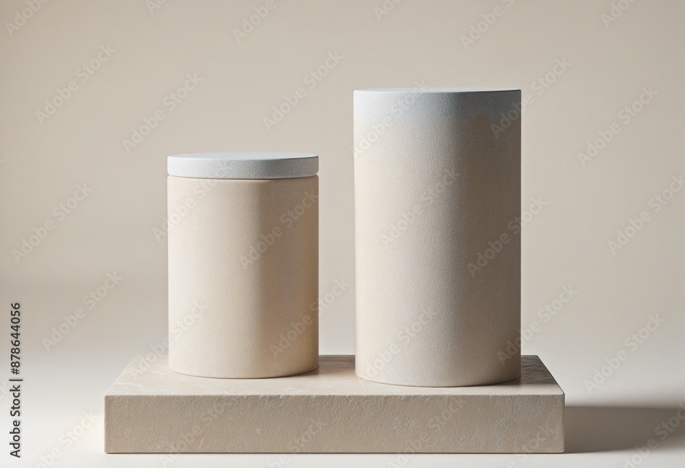 Geometric Stone Pedestal Showcase for Skincare Products on Minimal Beige Background Geometric Stone Pedestal Showcase for Skincare Products on Minimal Beige Background