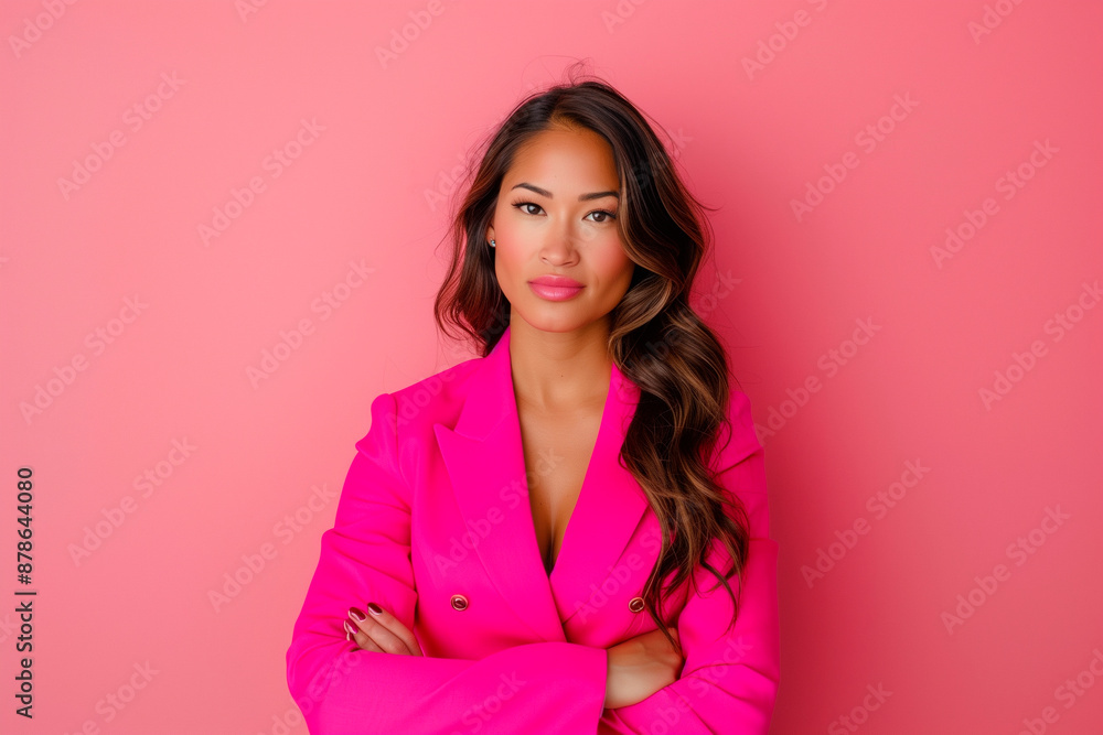 A professional-looking woman posing confidently in a bright pink blazer against a pink background A professional-looking woman posing confidently in a bright pink blazer against a pink background
