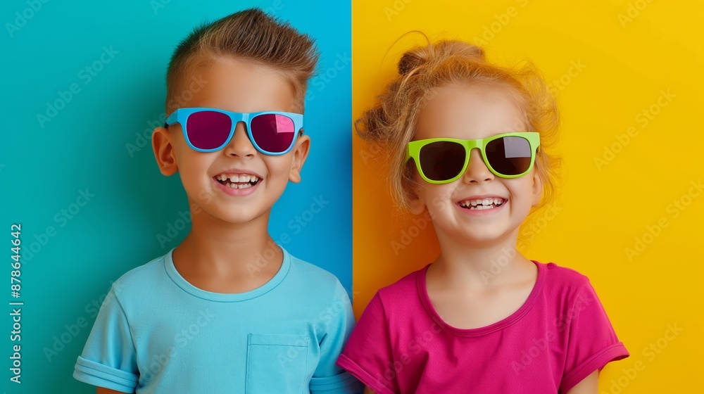 Two young children wearing sunglasses and smiling at the camera. The children are wearing blue and pink shirts Two young children wearing sunglasses and smiling at the camera. The children are wearing blue and pink shirts