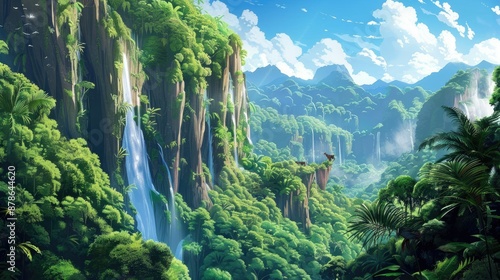 tranquil lush jungle landscape with majestic waterfalls photo