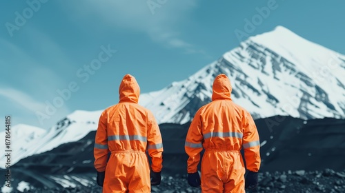 Wallpaper Mural Two Industrial Workers in Orange Coveralls Standing in a Coal Mine with Snowy Mountain Peaks in the Background Torontodigital.ca