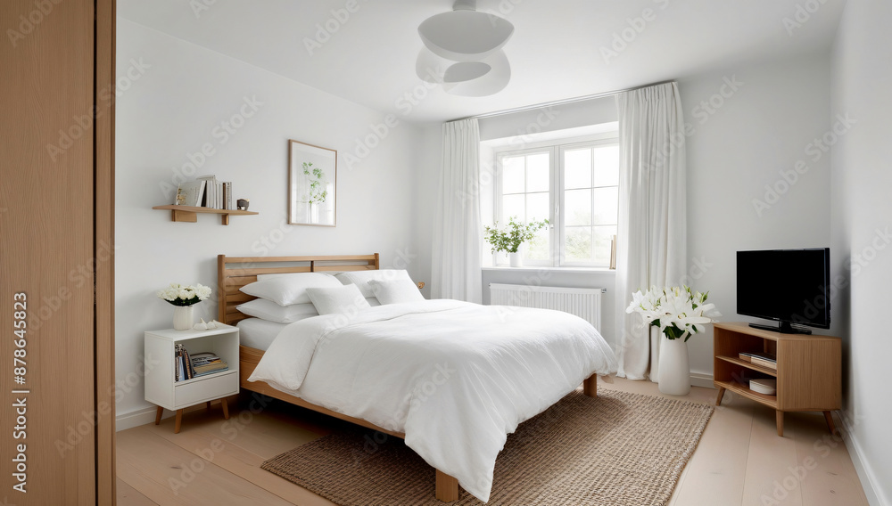 Fototapeta premium Pure white main bedroom model, Scandinavian Style.