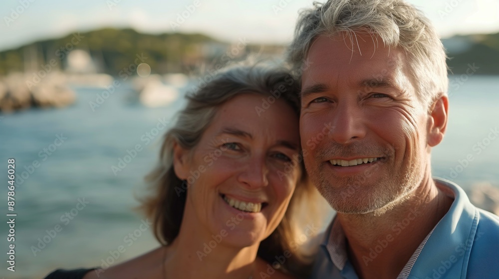 Close up portrait of happy mid-aged mature caucasian couple in love on the sea shore happily smiling on bright sunny day during summer vacation leading active lifestyle together Close up portrait of happy mid-aged mature caucasian couple in love on the sea shore happily smiling on bright sunny day during summer vacation leading active lifestyle together