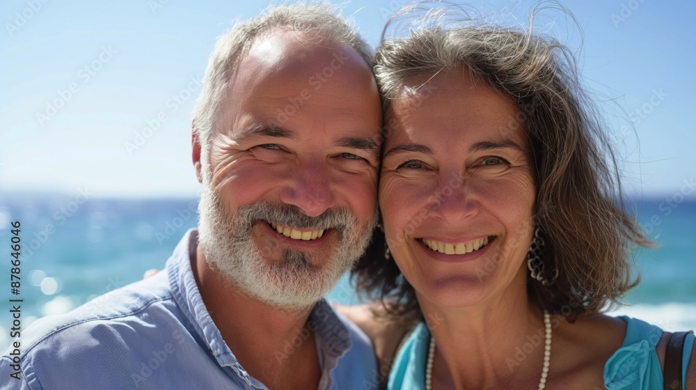 Close up portrait of happy mid-aged mature caucasian couple in love on the sea shore happily smiling on bright sunny day during summer vacation leading active lifestyle together Close up portrait of happy mid-aged mature caucasian couple in love on the sea shore happily smiling on bright sunny day during summer vacation leading active lifestyle together