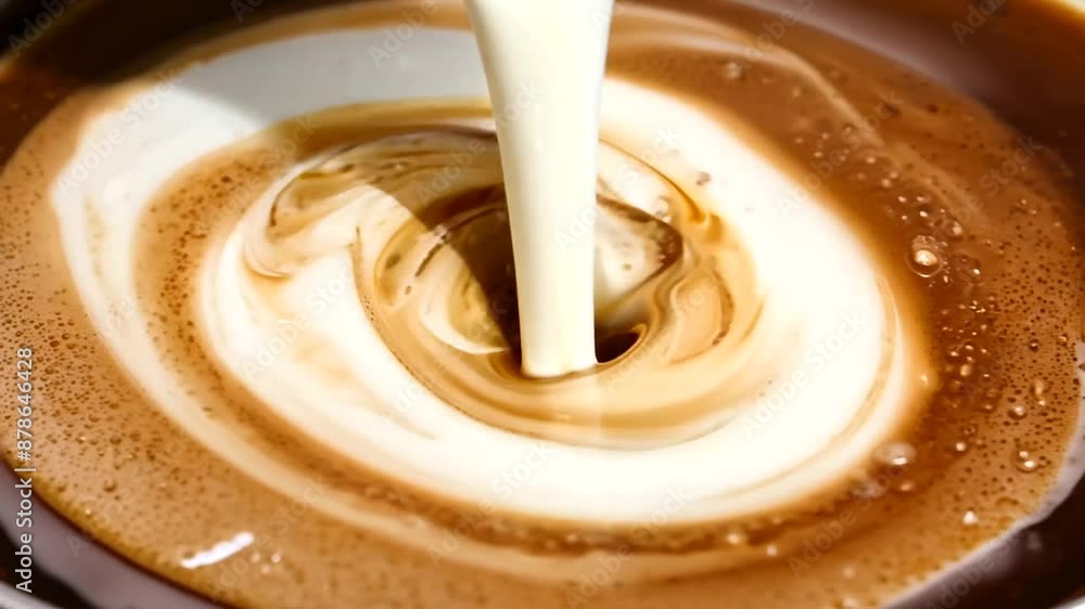 This mesmerizing super slow motion video captures the elegant swirls and patterns created as milk is poured into a coffee drink. The detailed, fluid motion highlights the beautiful interaction This mesmerizing super slow motion video captures the elegant swirls and patterns created as milk is poured into a coffee drink. The detailed, fluid motion highlights the beautiful interaction