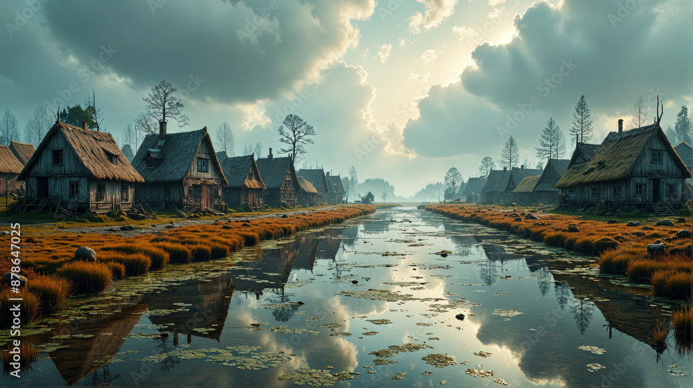Obraz premium A gloomy ancient village located on the banks of a river