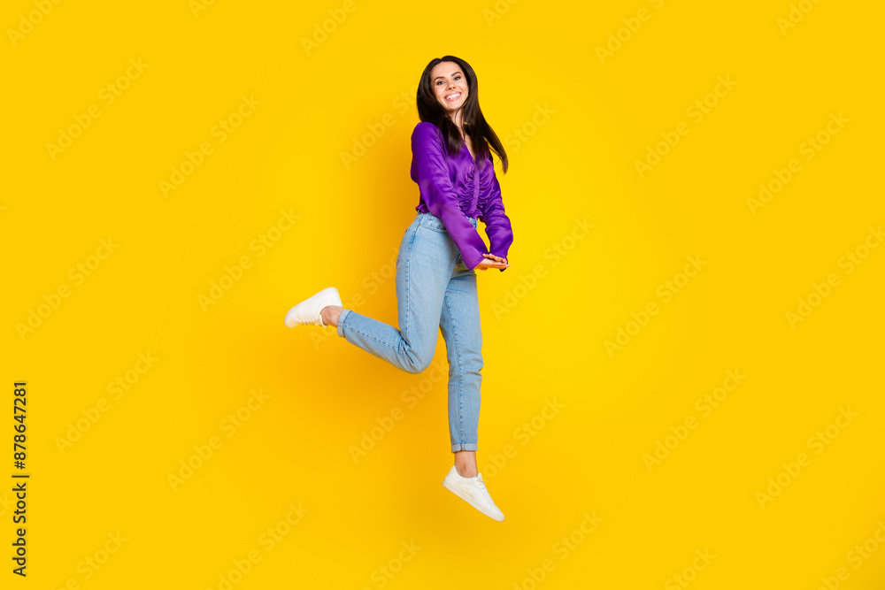 Photo of positive lady jumping isolated vivid color background Photo of positive lady jumping isolated vivid color background
