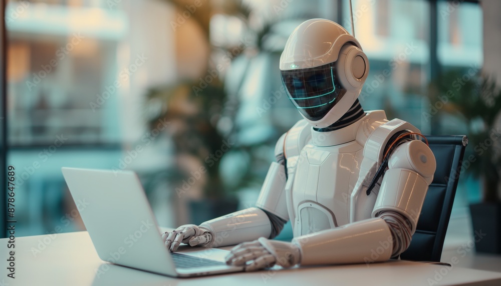 This image shows a humanoid robot working on a laptop in a bright, modern office, symbolizing the integration of advanced technology and AI in contemporary workspaces. This image shows a humanoid robot working on a laptop in a bright, modern office, symbolizing the integration of advanced technology and AI in contemporary workspaces.
