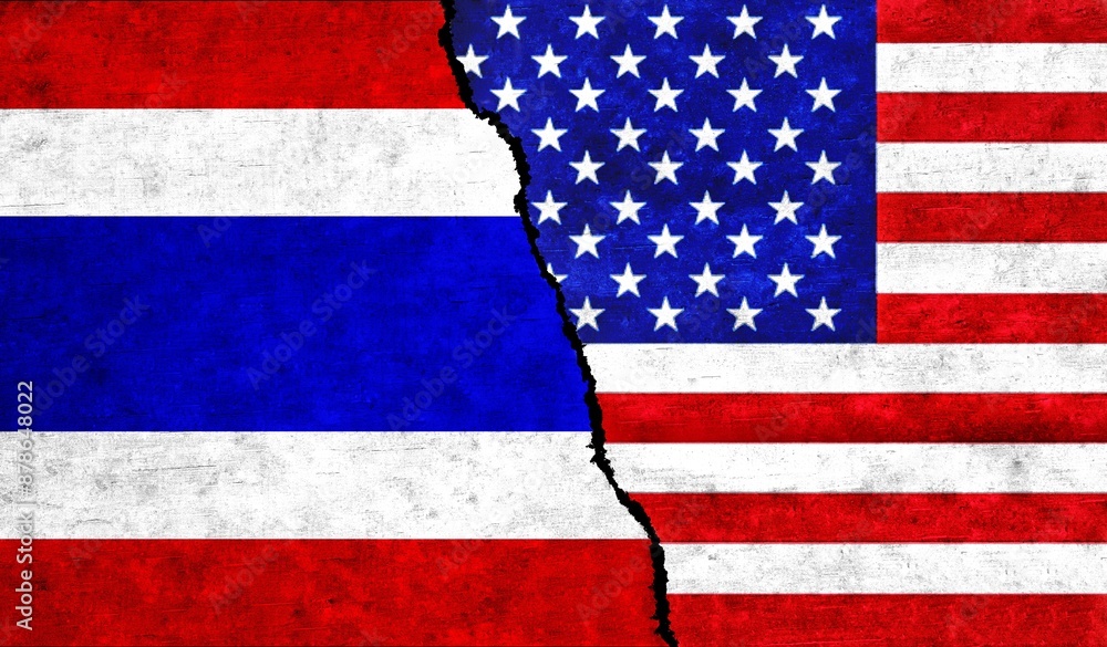 Fototapeta premium USA and Thailand flags together. Thailand and United States of America relation, conflict, crisis, economy concept