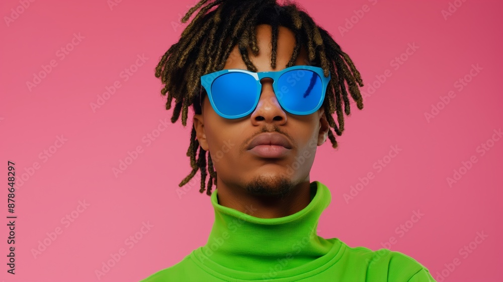 A man with dreadlocks and a green shirt is wearing blue sunglasses. The sunglasses are large and reflect the light A man with dreadlocks and a green shirt is wearing blue sunglasses. The sunglasses are large and reflect the light