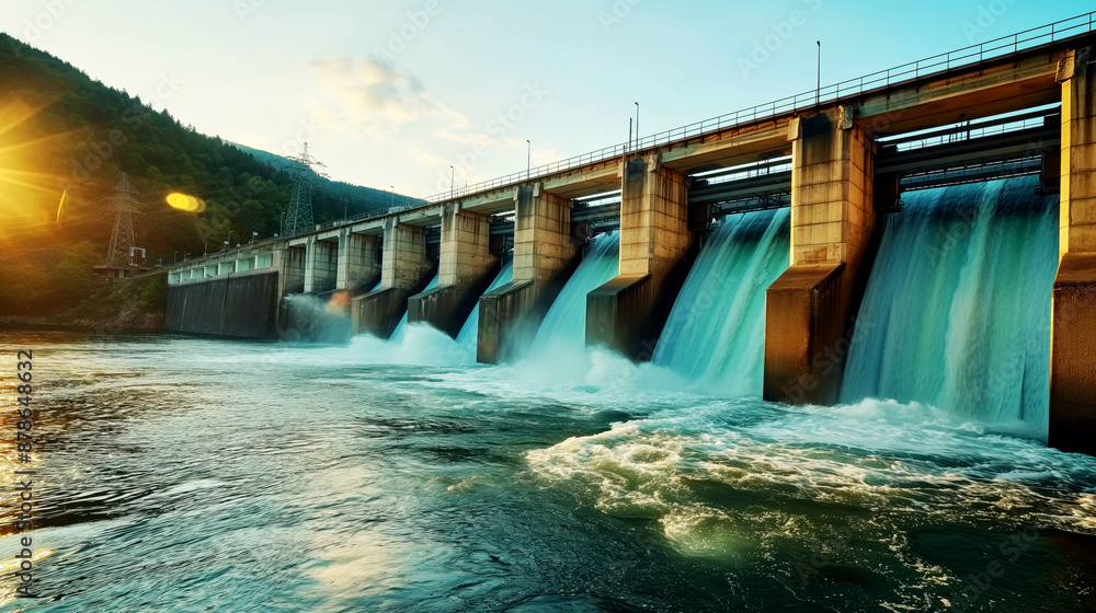 Sunset view of a dam releasing water powerfully into a river surrounded by mountains. Sunset view of a dam releasing water powerfully into a river surrounded by mountains.
