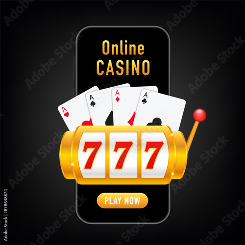 Online casino on mobile. Internet gambling concept. Slot machine casino element with winning combination and cards. Vector illustration