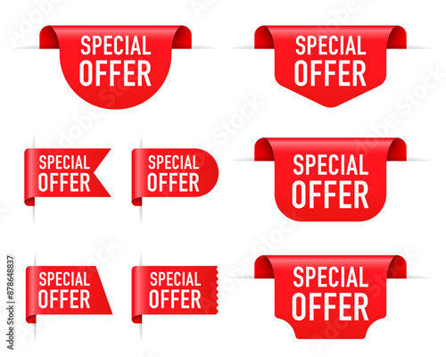 Red tag banner label Special offer background discount. Ribbons red and sale banners set. Templates for promotions, special discount offers, new and large sale banners. Vector illustration