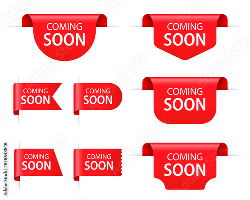 Red tag banner label ribbon coming soon background discount. Ribbons and sale banners set. Templates for promotions, discounts on purchases or prices for store goods. Vector illustration