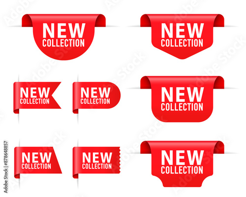 Red vector banner ribbon new collection. Red ribbon tag banners set. Templates for promotions, special discount offers, new and large sale banners. Vector illustration