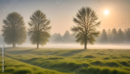 Beautiful meadow landscape in spring with fog and bright sun