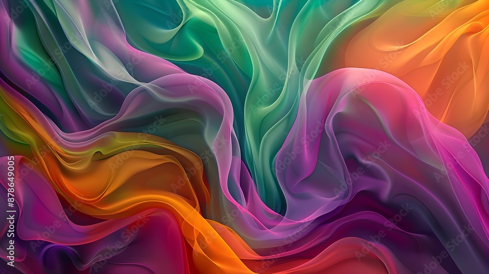 Obraz premium A stunning array of swirling, translucent colors including green, purple, orange, and pink. The fluid, ethereal forms create a captivating, dynamic, and vibrant visual tapestry.