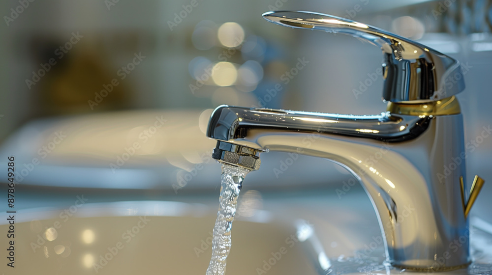 Metal faucet with water pouring into sink. Close-up Metal faucet with water pouring into sink. Close-up