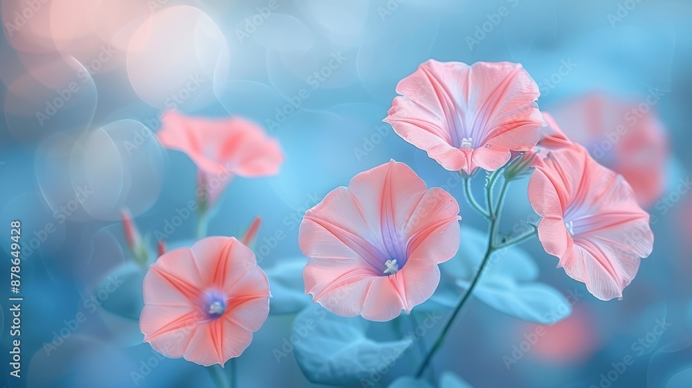 Obraz premium Close-up of vibrant morning glory flowers against a dreamy bokeh background. Great for nature and floral themes.