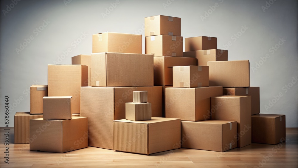 Neatly arranged pile of sturdy brown corrugated cardboard boxes varying in size, awaiting use, against a clean, monotone background. Neatly arranged pile of sturdy brown corrugated cardboard boxes varying in size, awaiting use, against a clean, monotone background.