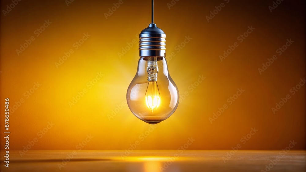 A solitary illuminated light bulb suspended in mid-air against a bright yellow backdrop, symbolizing innovative creative spark and genius idea. A solitary illuminated light bulb suspended in mid-air against a bright yellow backdrop, symbolizing innovative creative spark and genius idea.