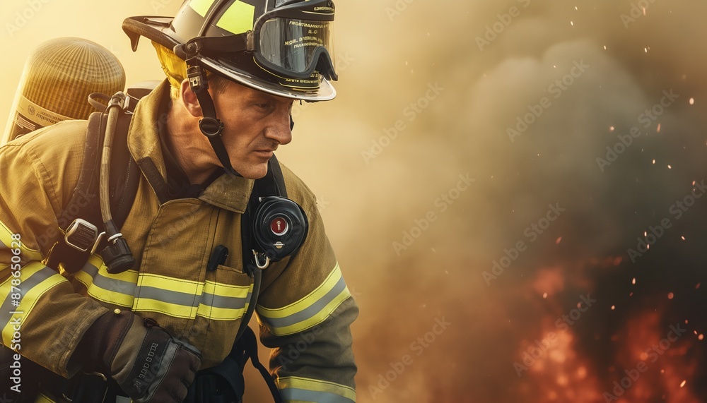 A brave firefighter in full protective gear is captured beside a blazing fire, demonstrating readiness and the relentless fight against dangerous situations to save lives. A brave firefighter in full protective gear is captured beside a blazing fire, demonstrating readiness and the relentless fight against dangerous situations to save lives.