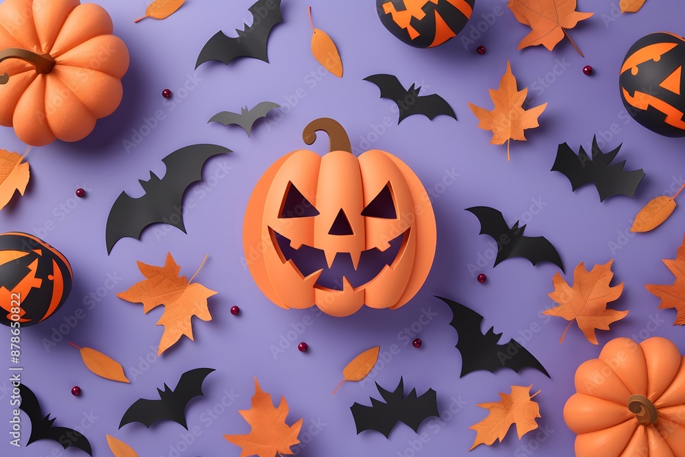 Festive Halloween still life with jack-o'-lanterns, bats, and autumn leaves on a purple background. Festive Halloween still life with jack-o'-lanterns, bats, and autumn leaves on a purple background.