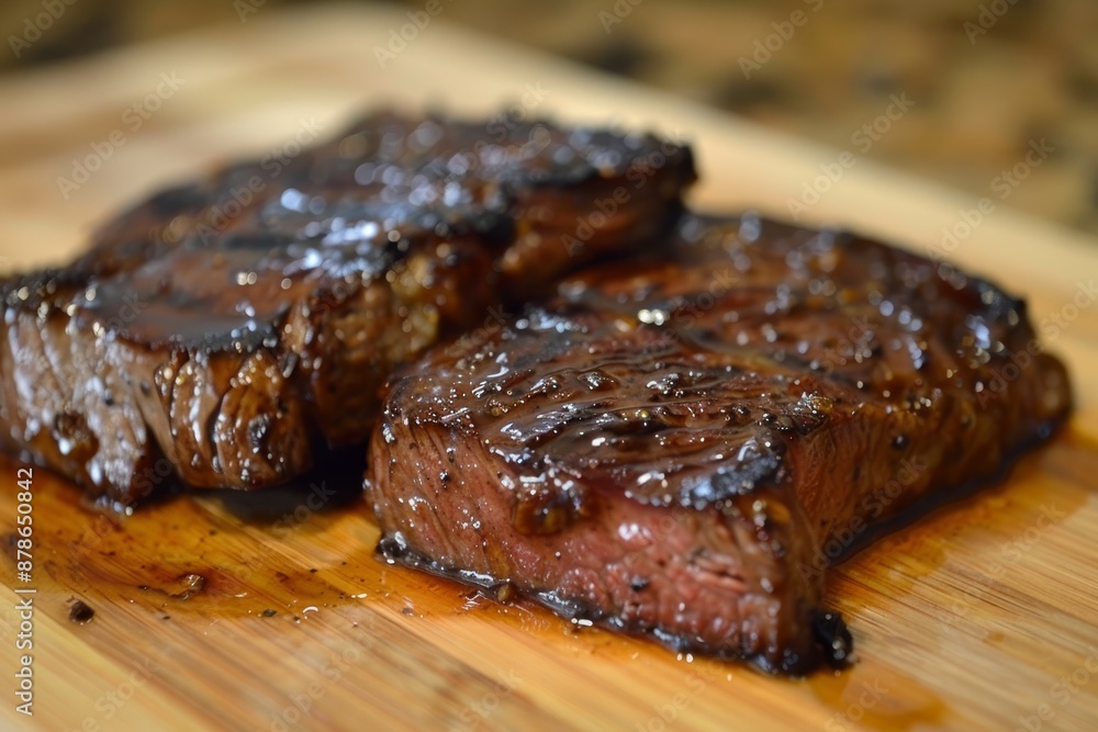 Close up of a tender bottom round steak with tangy barbeque glaze, resting on a wooden cutting board, Bottom round steak with a tangy barbecue glaze