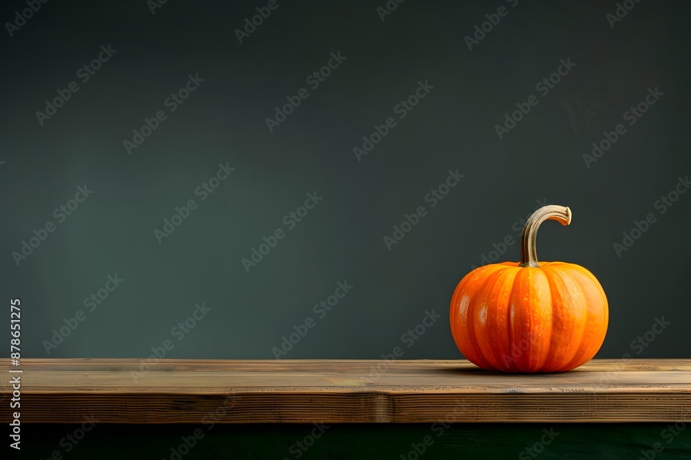 Single orange pumpkin sits on a wooden table against a dark green background, symbolizing autumn. Single orange pumpkin sits on a wooden table against a dark green background, symbolizing autumn.