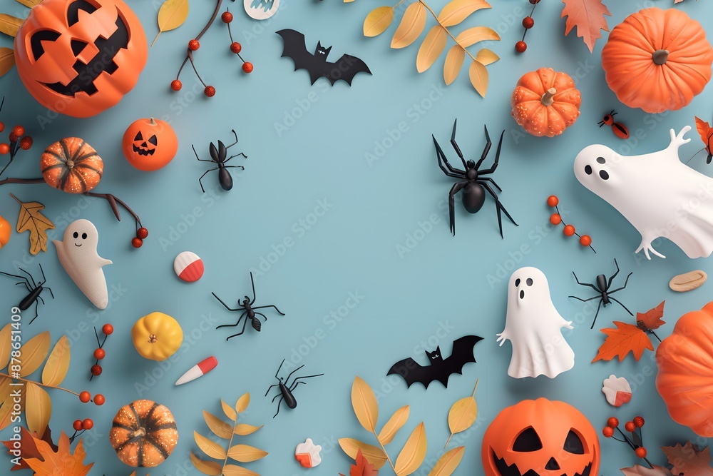 Halloween decor: pumpkins, ghosts, bats, spiders on blue background for festive celebration Halloween decor: pumpkins, ghosts, bats, spiders on blue background for festive celebration