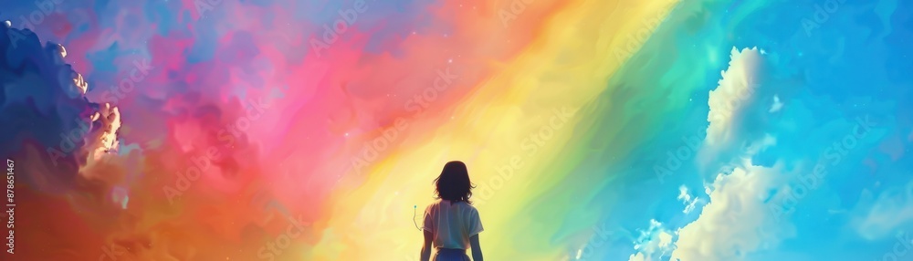 Realistic girl drawing a rainbow on the sky canvas, detailed scene, colorful artistry, whimsical moment, rainbow creation Realistic girl drawing a rainbow on the sky canvas, detailed scene, colorful artistry, whimsical moment, rainbow creation