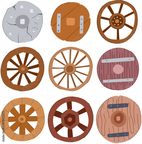 wheel ancient set cartoon. wooden vintage, wood antique, mill first wheel ancient sign. isolated symbol vector illustration