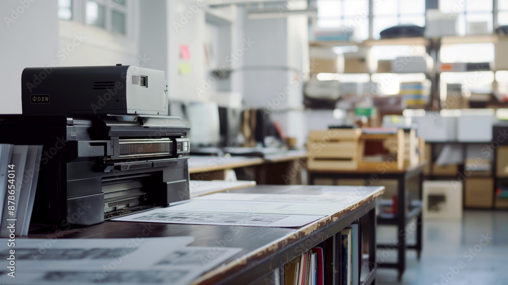 Modern large format printer in a busy commercial printing office, with prints and boxes in background. Modern large format printer in a busy commercial printing office, with prints and boxes in background.