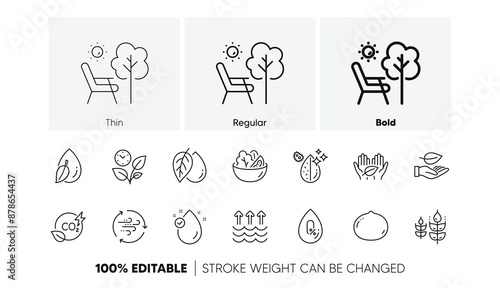 Water drop, Salad and Wind energy line icons. Pack of Leaves, Macadamia nut, Leaf icon. Dirty water, Vitamin e, No alcohol pictogram. Co2 gas, Deckchair, Gluten free. Mineral oil. Line icons. Vector