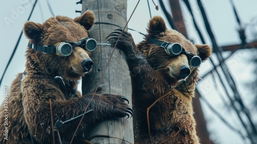 Two bears with goggles on their heads, climbing a utility pole. The bears are brown, and the goggles are yellow. The background is a cloudy sky with a hint of greenery