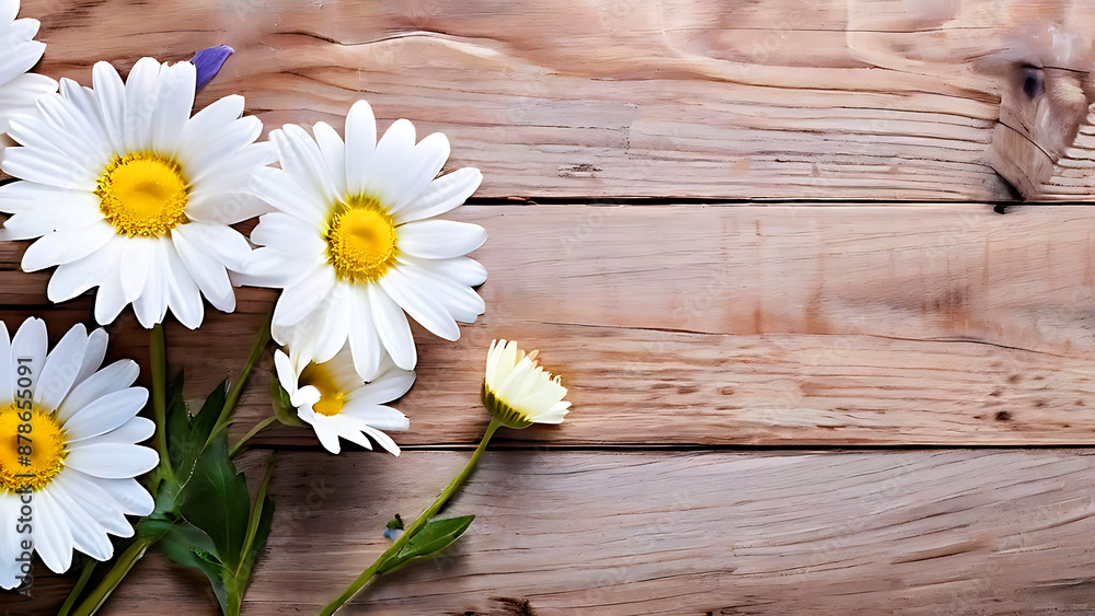 Obraz premium leaves and flower scattered on a colorfull rustic wooden table