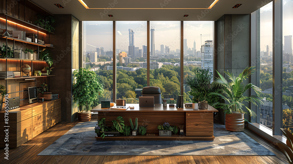 Fototapeta premium Minimalist design modern office interior with sleek furniture. over looking large windows with city views, and a wooden desk with a laptop