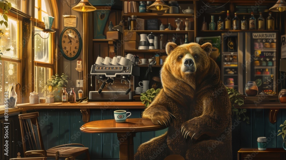 Realistic bear having coffee in a cafe, detailed scene, cozy atmosphere, urban wildlife, bear in coffee shop Realistic bear having coffee in a cafe, detailed scene, cozy atmosphere, urban wildlife, bear in coffee shop