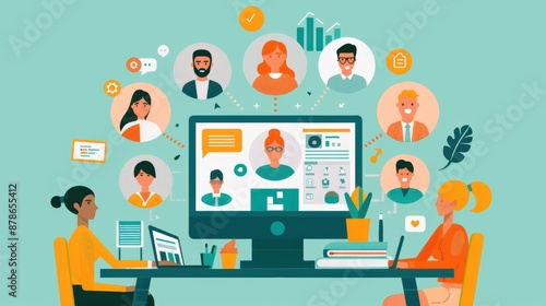 illustration of an international online meeting taking about status and progress, working from a home office 