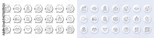 Dont touch, Vaccine announcement and Mint tea line icons. White pin 3d buttons, chat bubbles icons. Pack of Pandemic vaccine, Electronic thermometer, Medical mask icon. Vector
