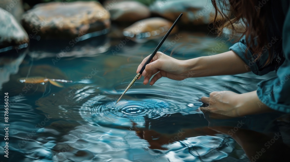 Obraz premium Detailed image of a girl using a brush to write on water, high realism, water art, calm setting, fluid calligraphy
