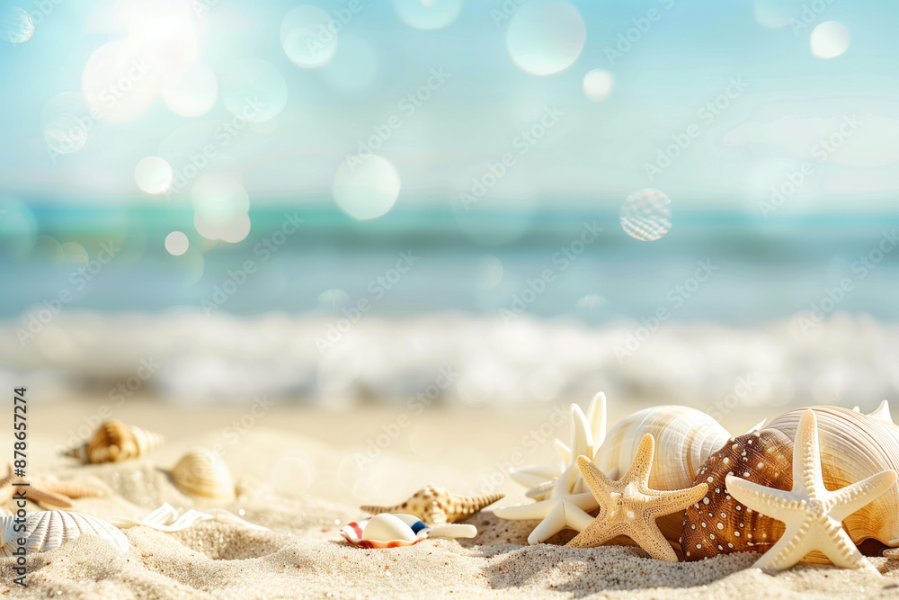 A sandy beach with starfish and seashells, creating an atmosphere of relaxation and vacation. A sandy beach with starfish and seashells, creating an atmosphere of relaxation and vacation.